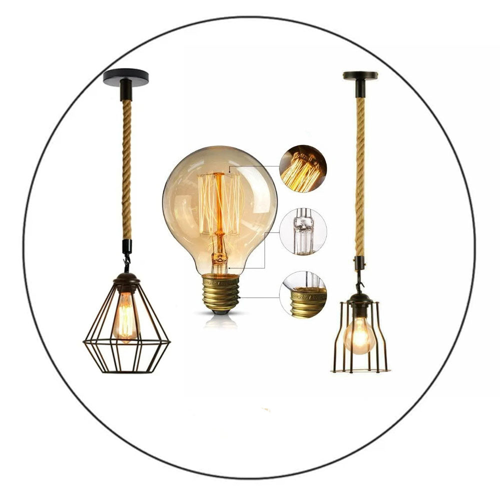 Vintage E27 Industrial Pendant light featuring a retro cage design and hemp rope, ideal for home and cafe decor.