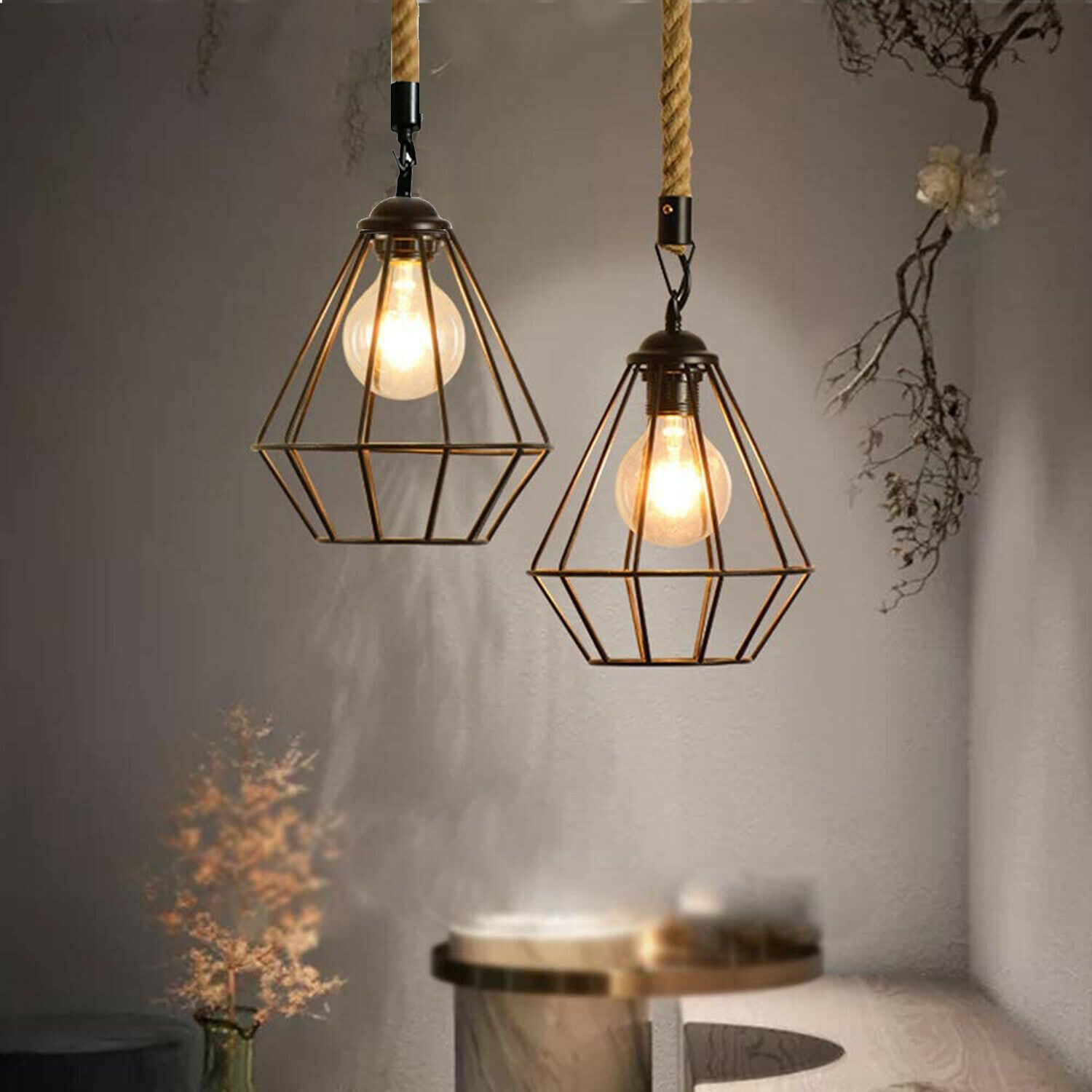 Vintage E27 Industrial Pendant light featuring a retro cage design and hemp rope, ideal for home and cafe decor.