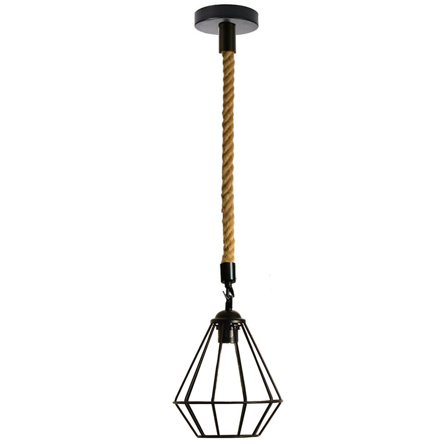 Vintage E27 Industrial Pendant light featuring a retro cage design and hemp rope, ideal for home and cafe decor.