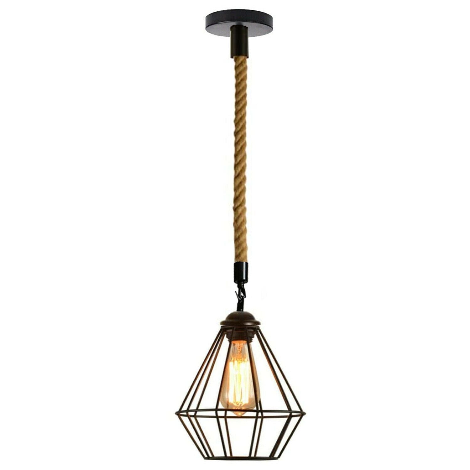 Vintage E27 Industrial Pendant light featuring a retro cage design and hemp rope, ideal for home and cafe decor.