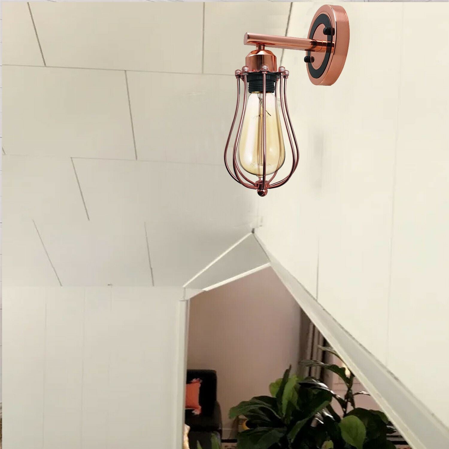 Rose Gold Chrome wall downlight with industrial cage design, perfect for stylish home decor.