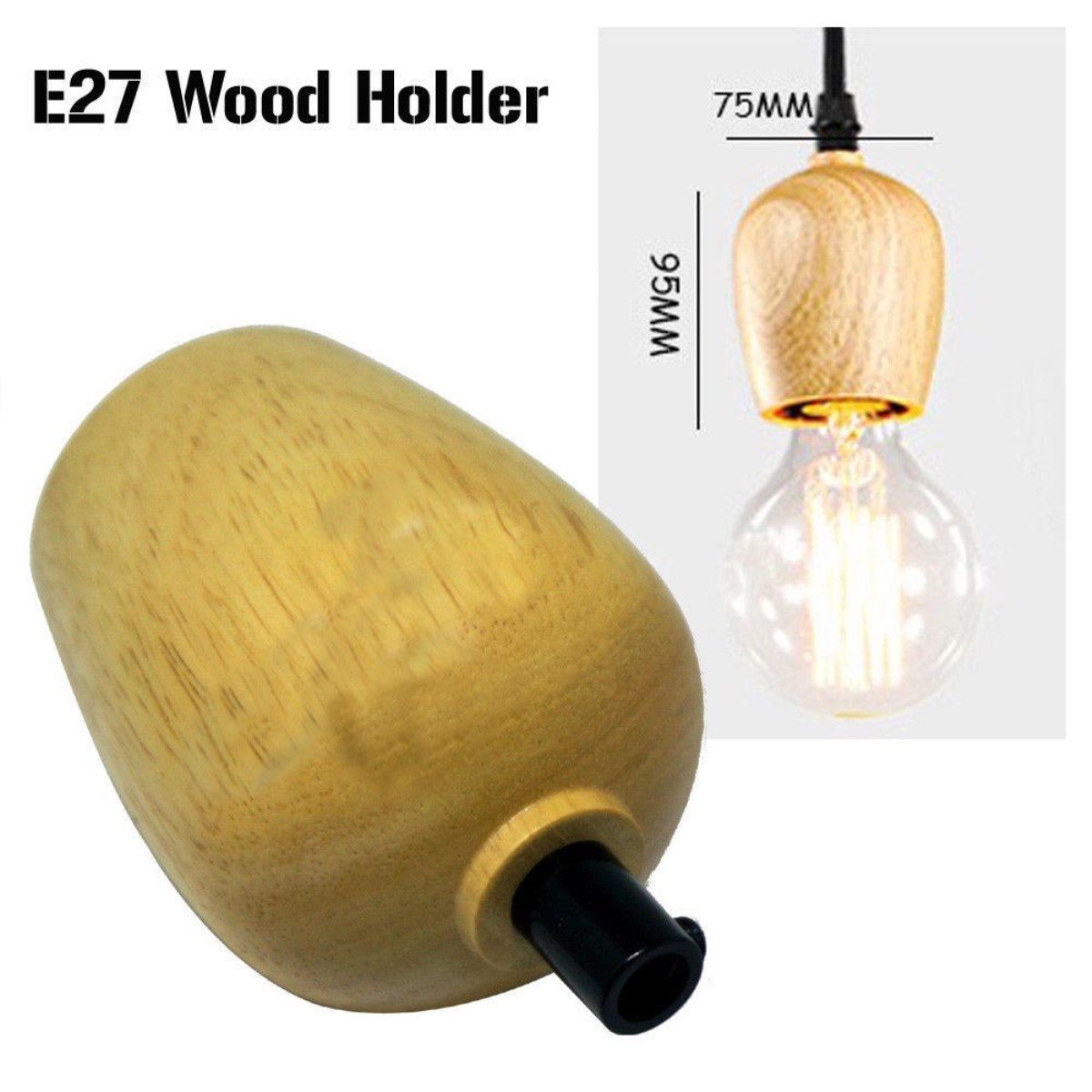 Wood E27 Socket Vintage Industrial Lighting Lamp Bulb Holder showcasing natural wood finish and ceramic details, designed for E27 bulbs.