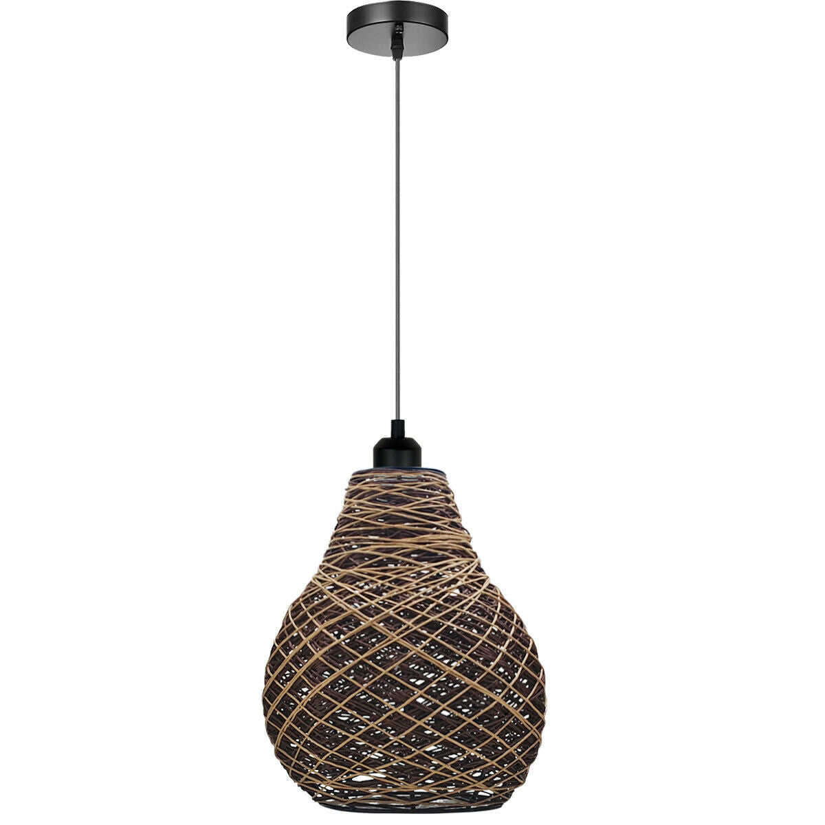 Woven Pendant Lamp with adjustable height, featuring a creative design made of metal and rattan in brown and black colors.