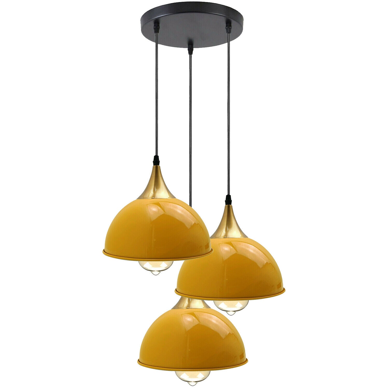 Yellow 3 Way Vintage Industrial Metal Lampshade with three adjustable lamp heads and a sleek dome design, perfect for modern and retro decor.