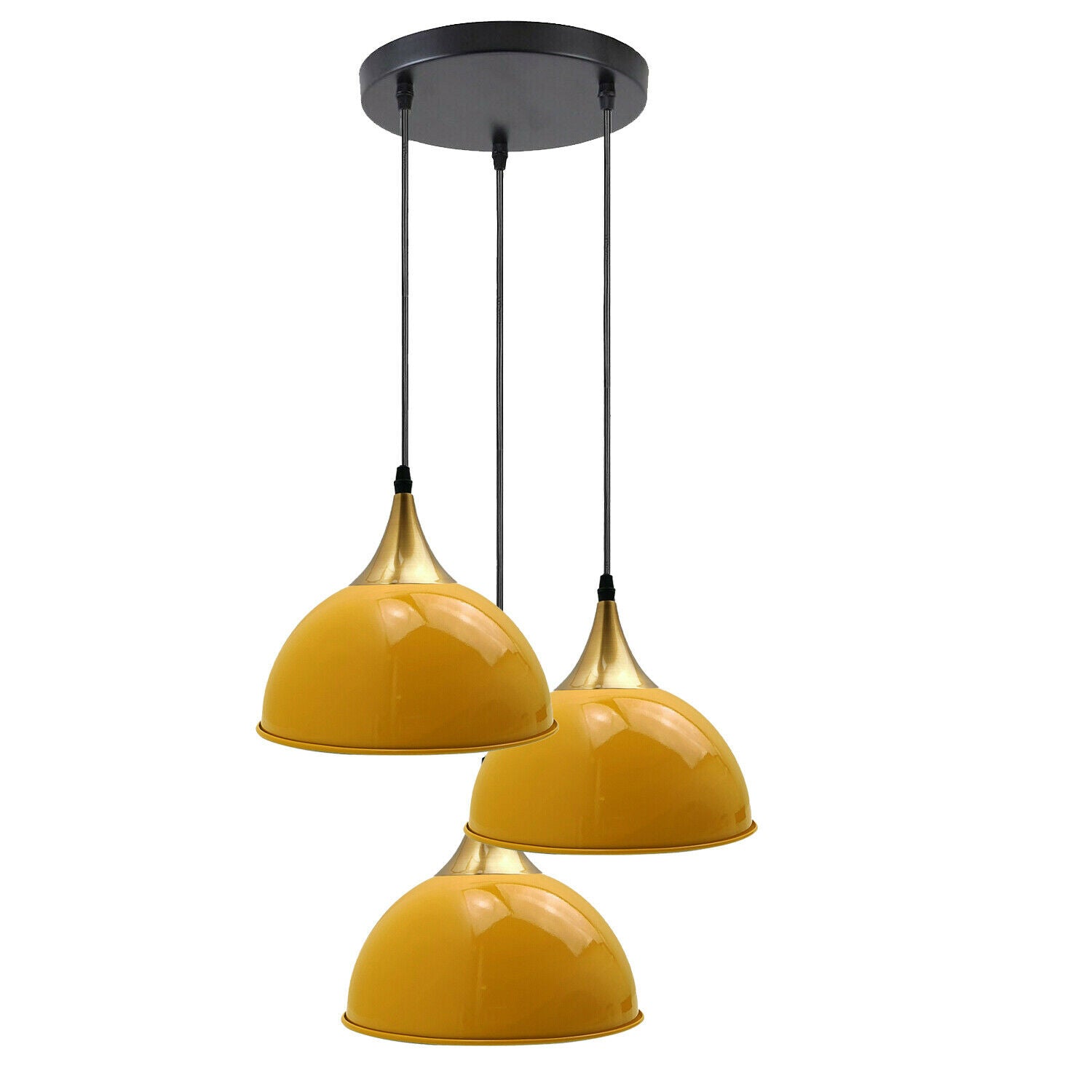 Yellow 3 Way Vintage Industrial Metal Lampshade with three adjustable lamp heads and a sleek dome design, perfect for modern and retro decor.