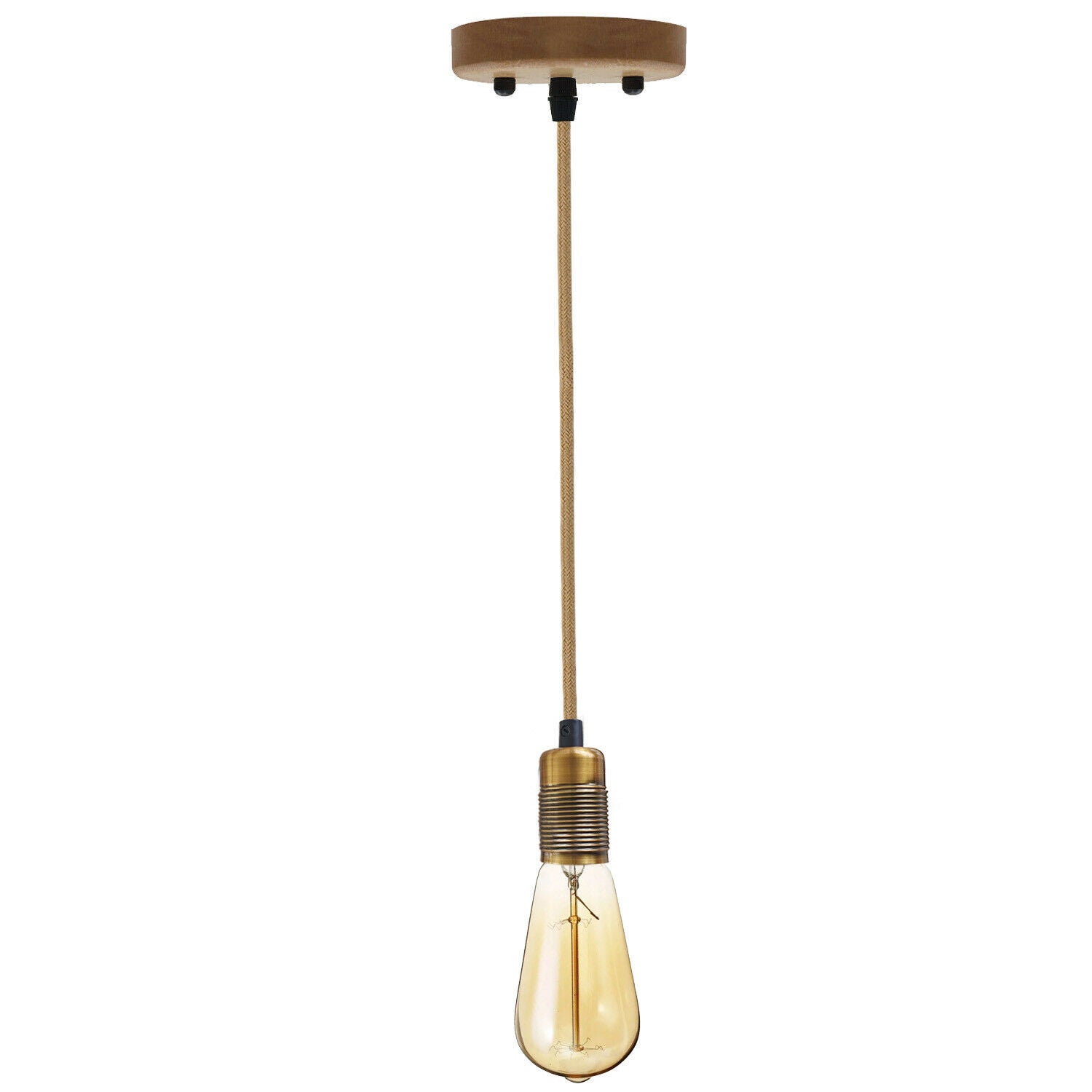 Yellow Brass E27 Vintage Industrial Loft Hemp Rope Pendant Light with rustic finish and hemp cord, ideal for vintage decor.