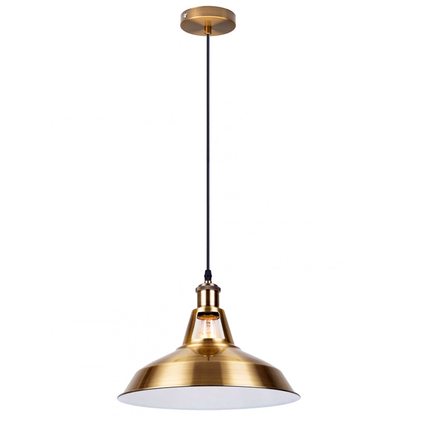 Yellow brass industrial metal ceiling pendant light shade hanging elegantly, showcasing its retro design and sturdy construction.