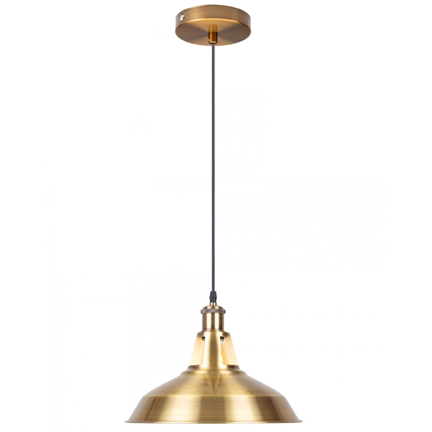 Yellow brass industrial metal ceiling pendant light shade hanging elegantly, showcasing its retro design and sturdy construction.