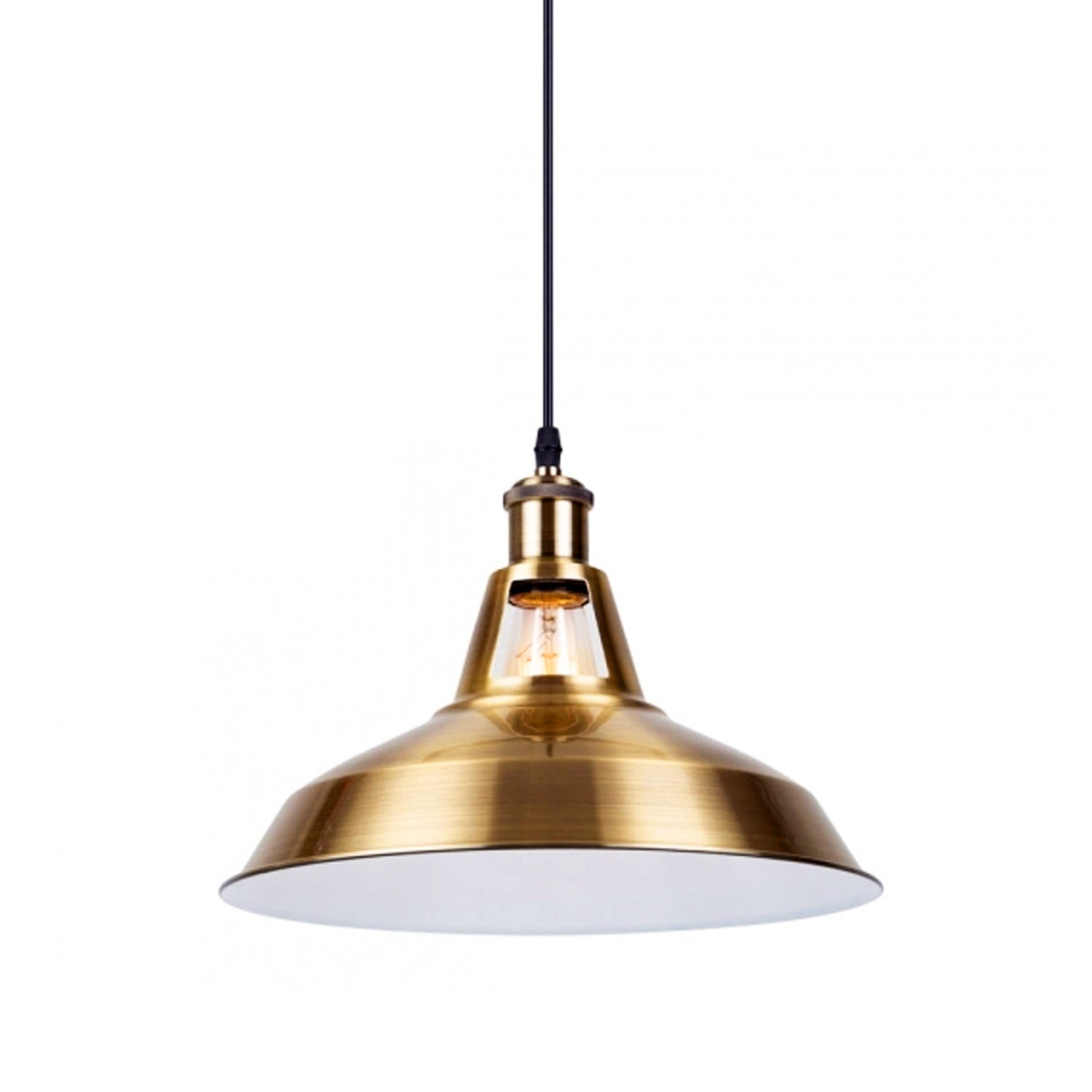 Yellow brass industrial metal ceiling pendant light shade hanging elegantly, showcasing its retro design and sturdy construction.