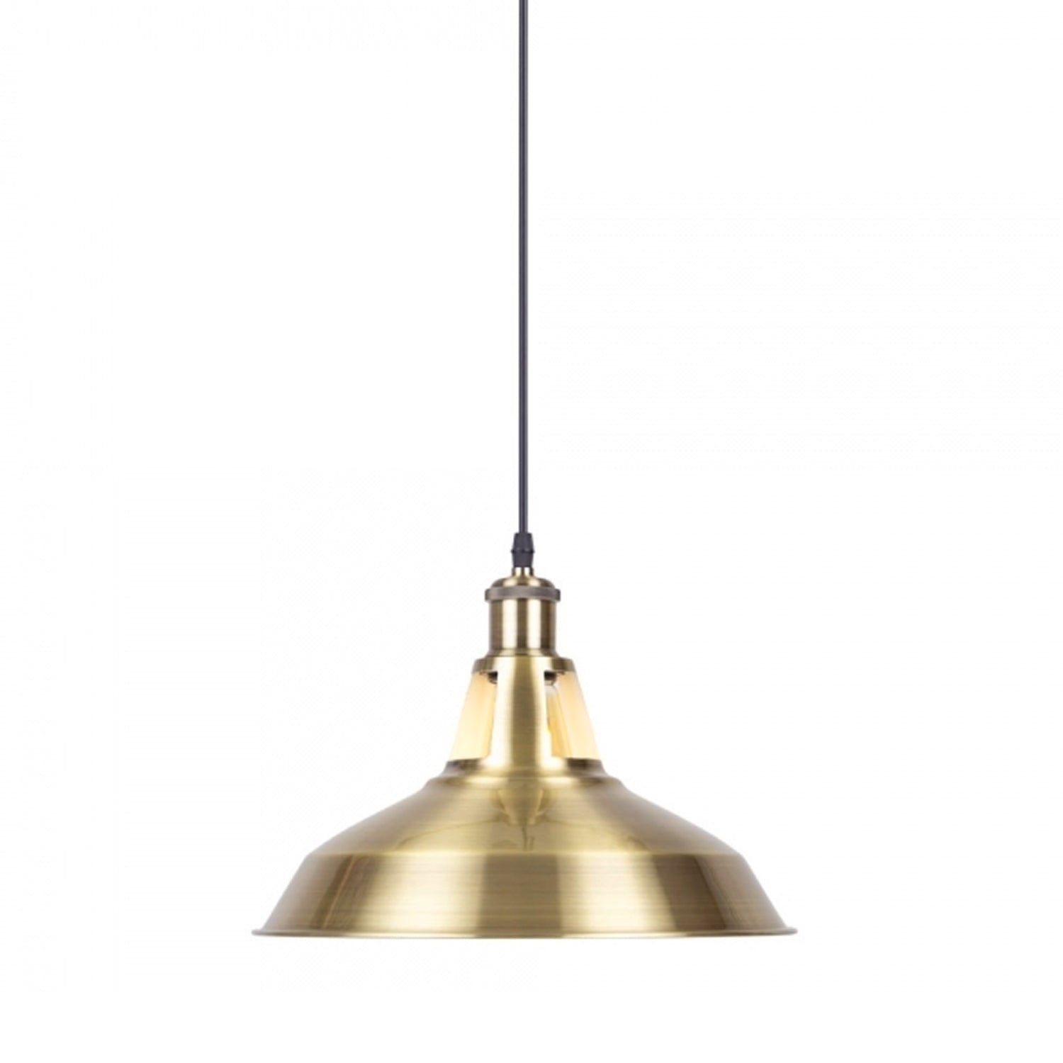 Yellow brass industrial metal ceiling pendant light shade hanging elegantly, showcasing its retro design and sturdy construction.