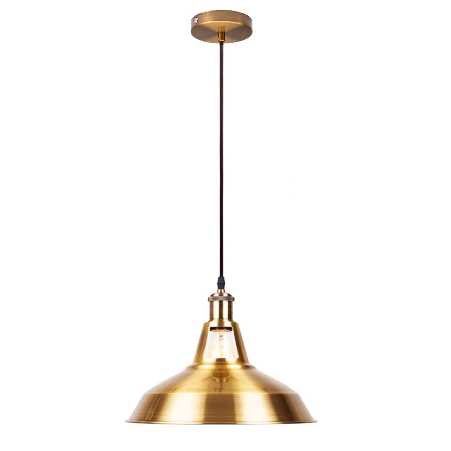 Yellow brass industrial metal ceiling pendant light shade hanging elegantly, showcasing its retro design and sturdy construction.