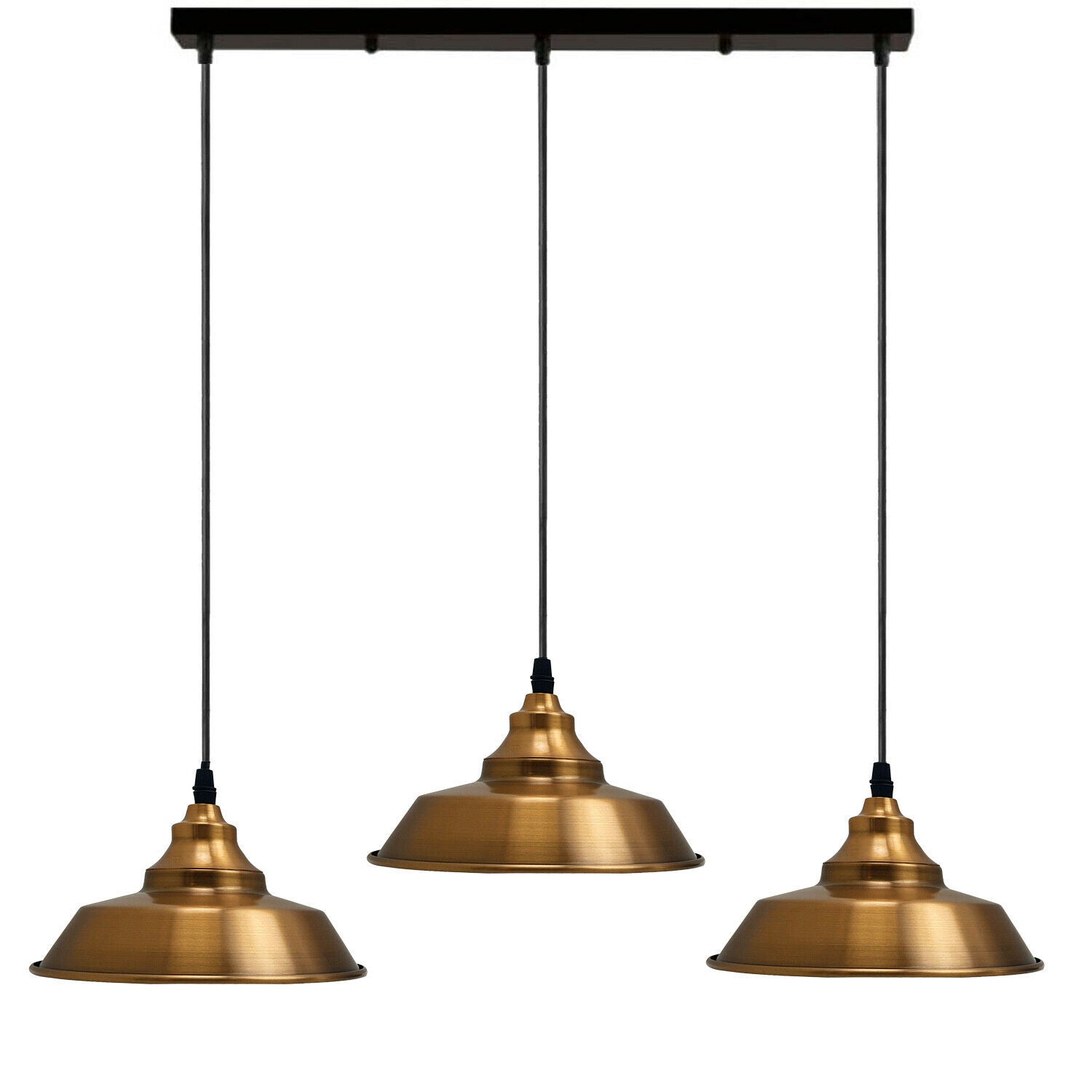 Yellow Brass Multi Outlet Pendant Lampshade with three adjustable lampshades and E27 bases, perfect for modern home decor.