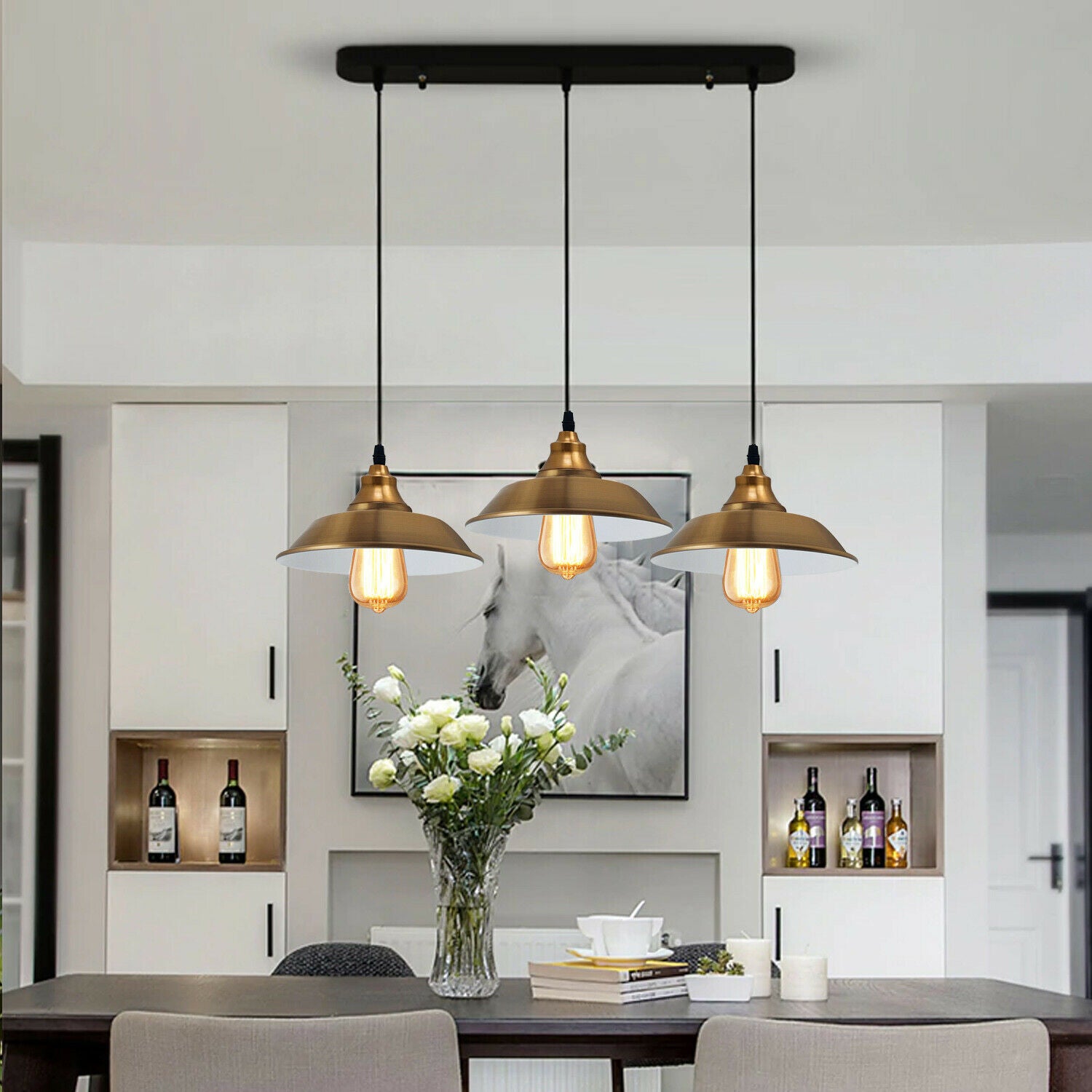 Yellow Brass Multi Outlet Pendant Lampshade with three adjustable lampshades and E27 bases, perfect for modern home decor.