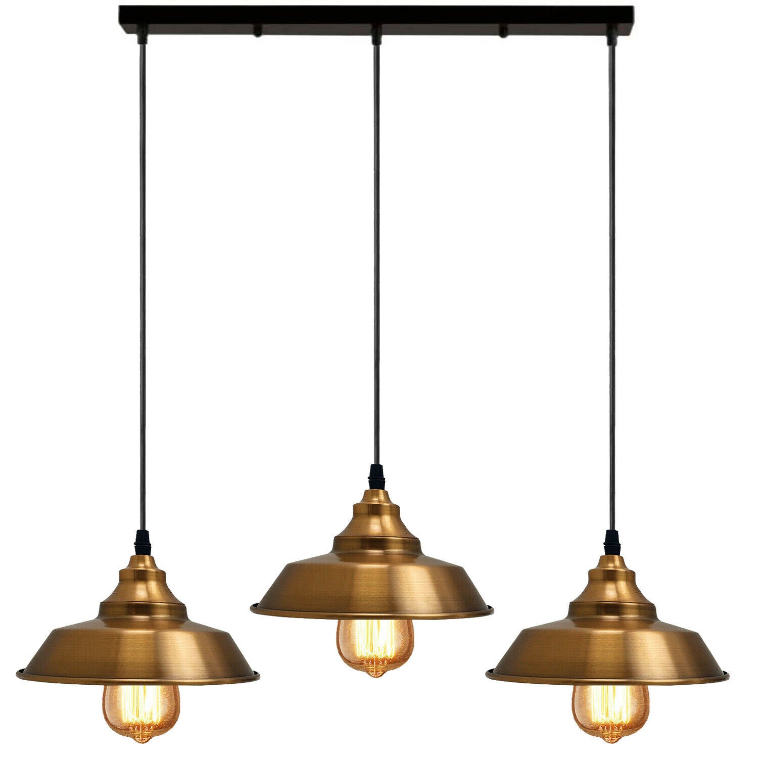 Yellow Brass Multi Outlet Pendant Lampshade with three adjustable lampshades and E27 bases, perfect for modern home decor.