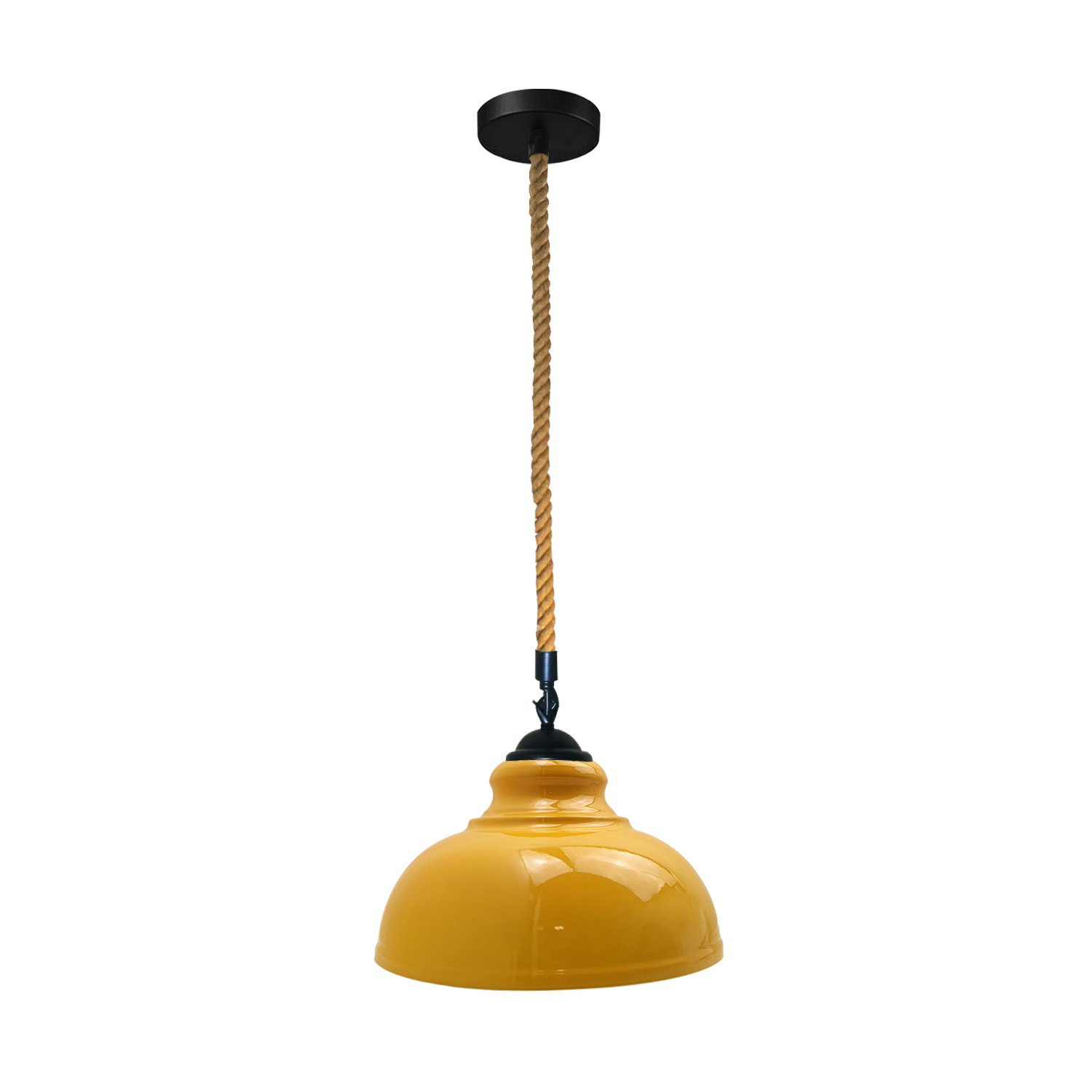 Yellow curvy shade hanging pendant light with hemp rope, stylish and modern design for home decor.