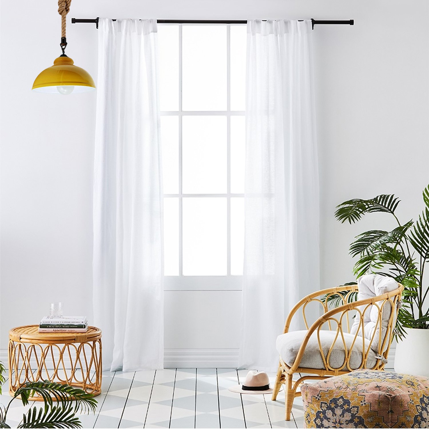 Yellow curvy shade hanging pendant light with hemp rope, stylish and modern design for home decor.