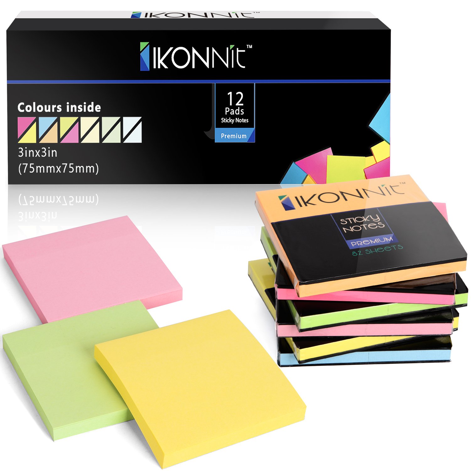 A vibrant assortment of 12 pack 3x3 self-stick sticky notes in various bright colors including pink, blue, yellow, green, orange, magenta, and purple, displayed on a clean desk.