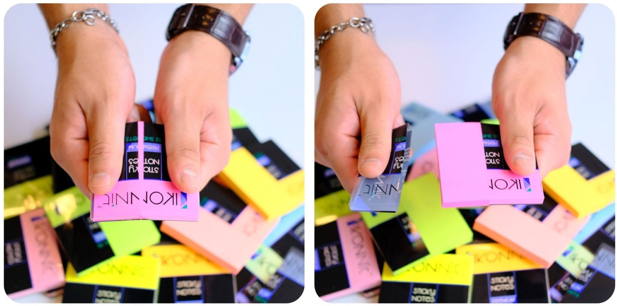 A vibrant assortment of 12 pack 3x3 self-stick sticky notes in various bright colors including pink, blue, yellow, green, orange, magenta, and purple, displayed on a clean desk.