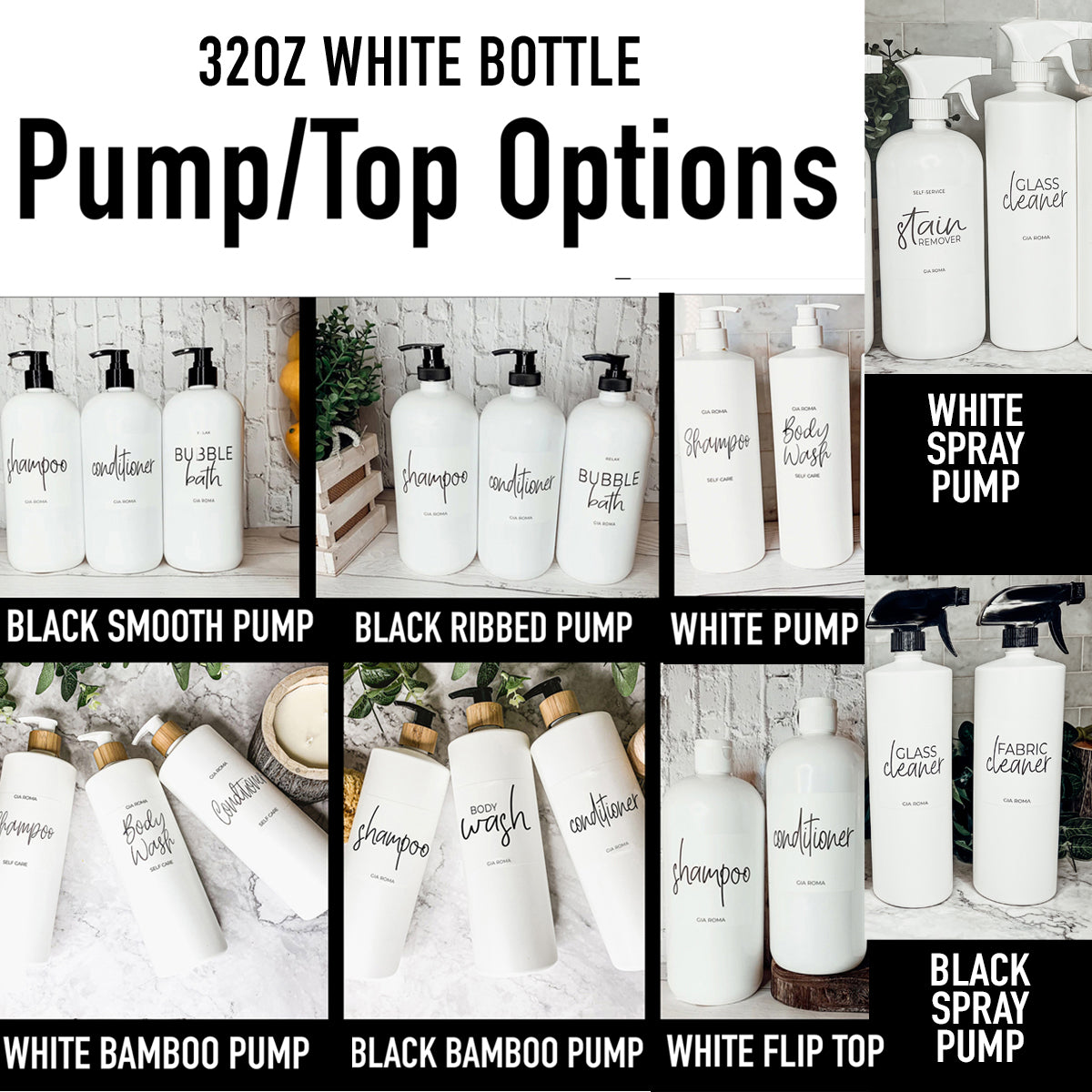 A set of 32oz white plastic cleaning bottles with spray pumps, showcasing their sleek design and customizable waterproof labels.