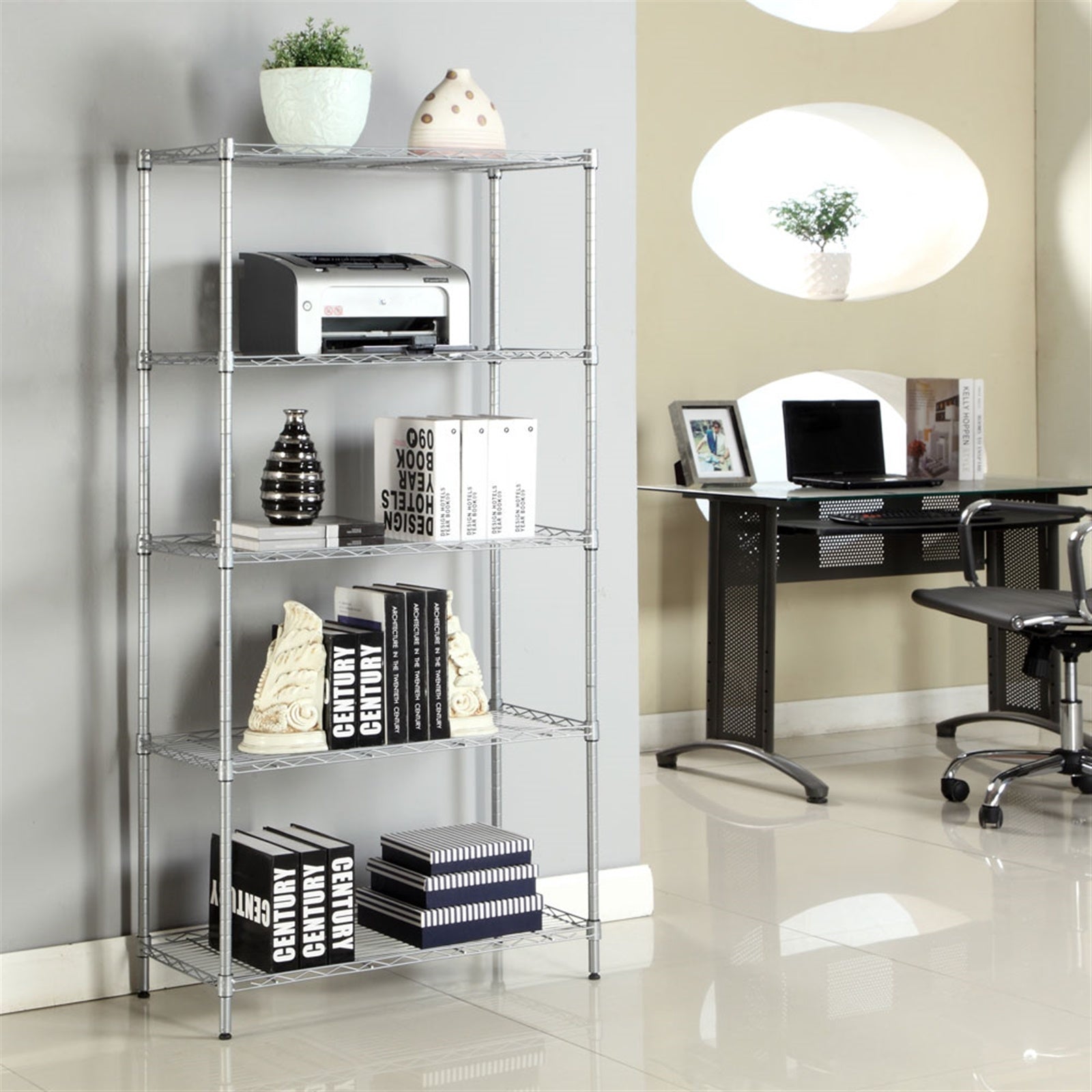 5-Shelf Adjustable Heavy Duty Storage Shelving Unit made of carbon steel, featuring adjustable shelves and legs, with a modern silver gray finish.