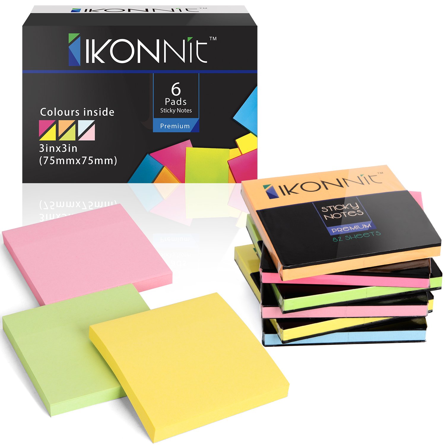 A vibrant assortment of 3x3 self-stick sticky notes in various bright colors including pink, blue, yellow, green, orange, magenta, and purple, neatly arranged in a compact box.