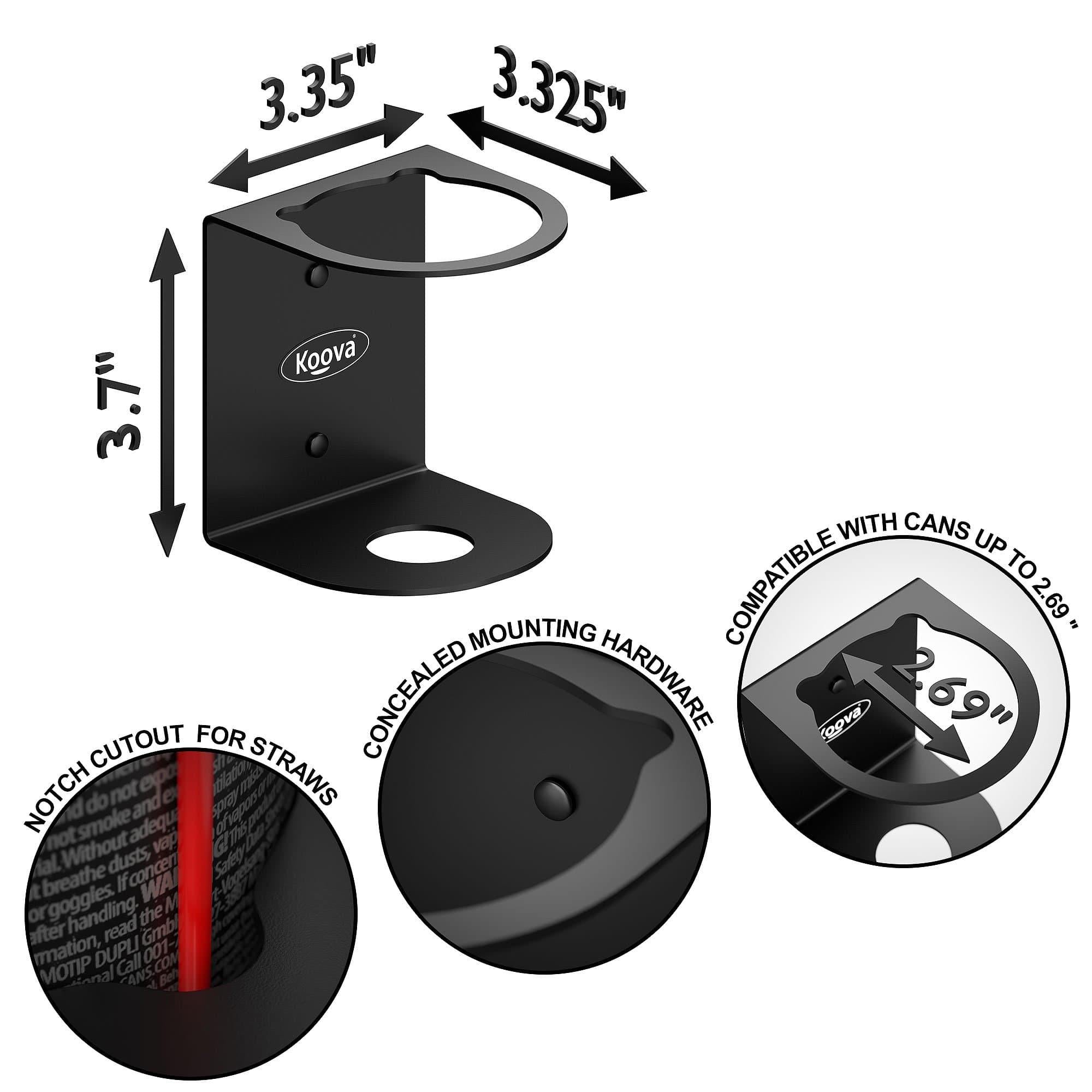 Koova Aerosol Spray Can Holder mounted on a wall, showcasing its heavy-duty steel construction and notch for folding straw storage.