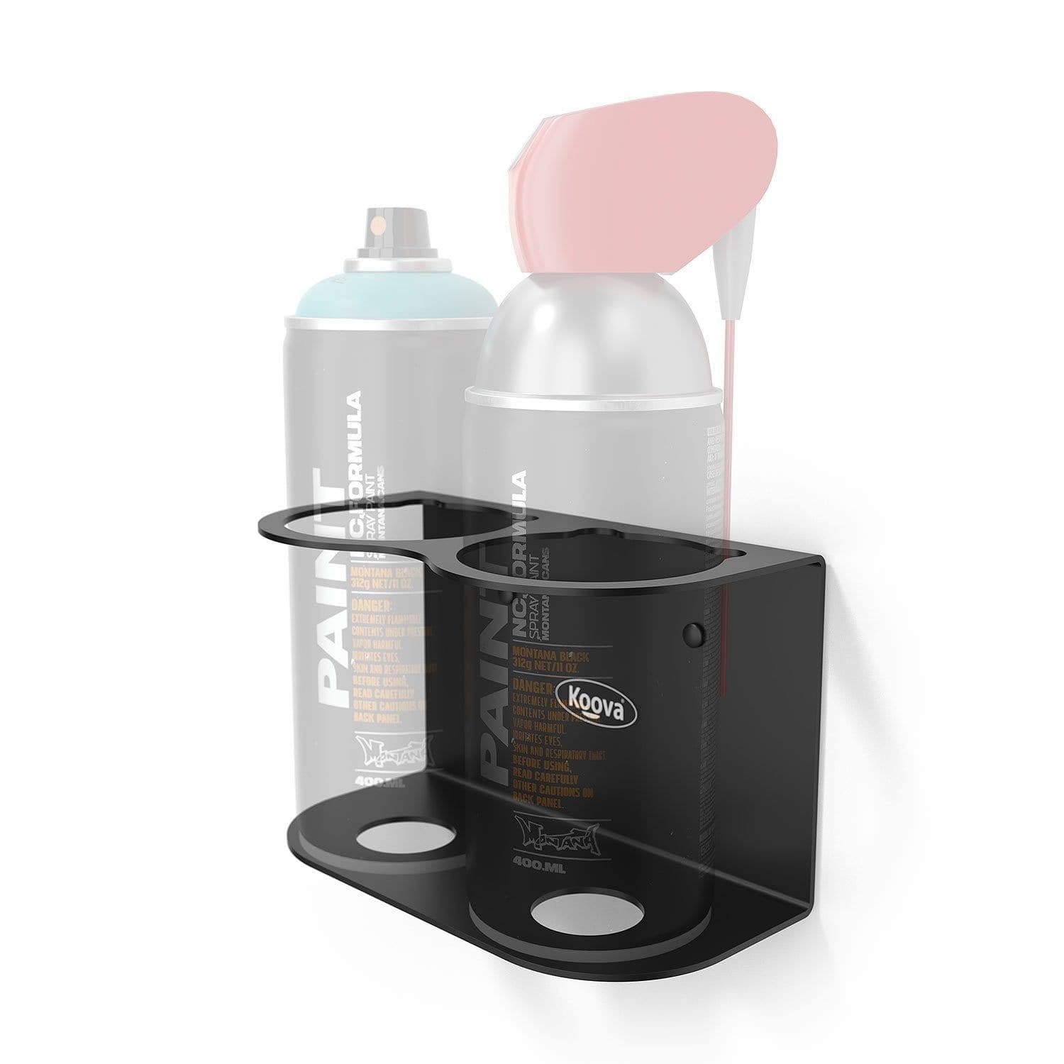 Koova Aerosol Spray Can Holder for 2 cans, made of heavy-duty steel with a matte black finish, designed for wall mounting.