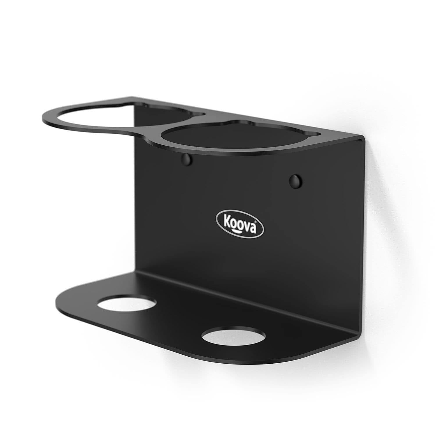 Koova Aerosol Spray Can Holder for 2 cans, made of heavy-duty steel with a matte black finish, designed for wall mounting.