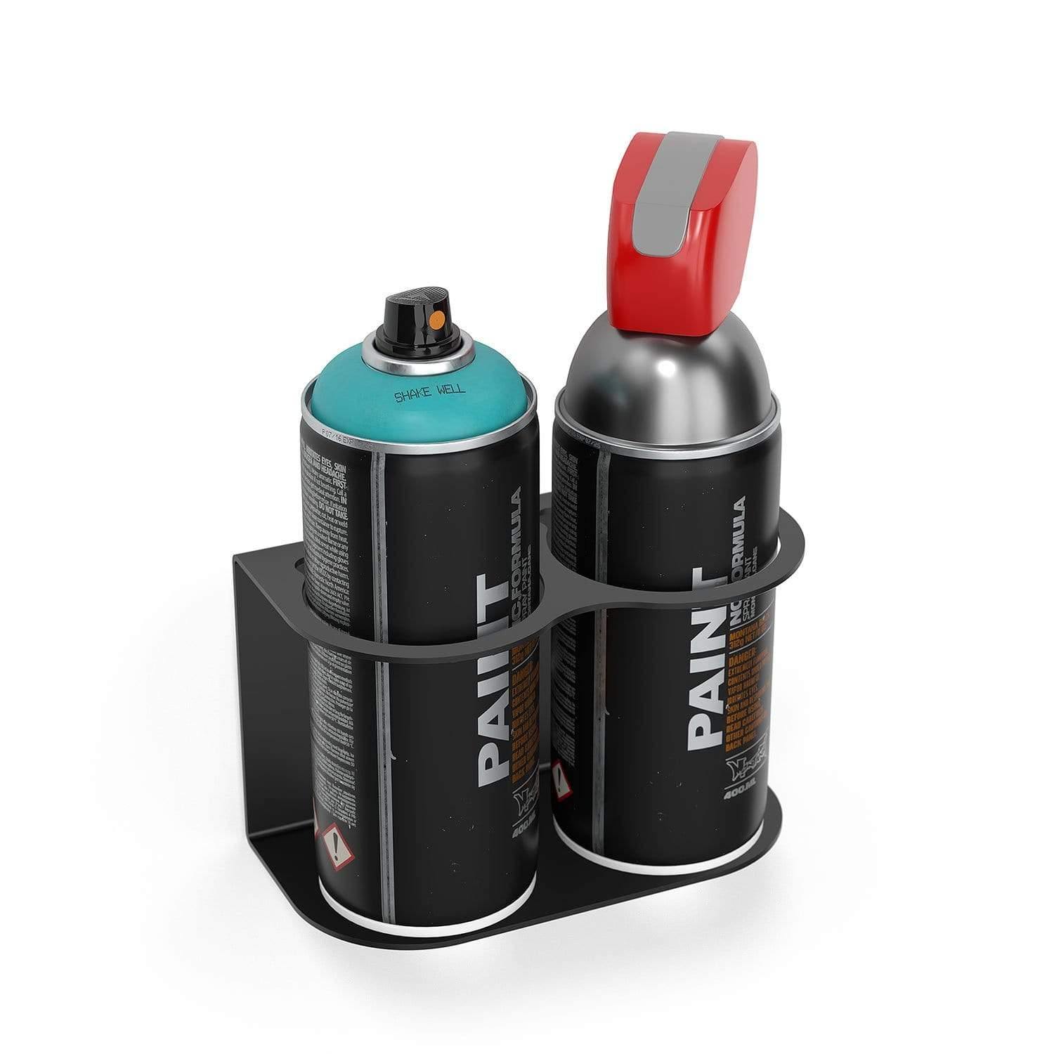 Koova Aerosol Spray Can Holder for 2 cans, made of heavy-duty steel with a matte black finish, designed for wall mounting.