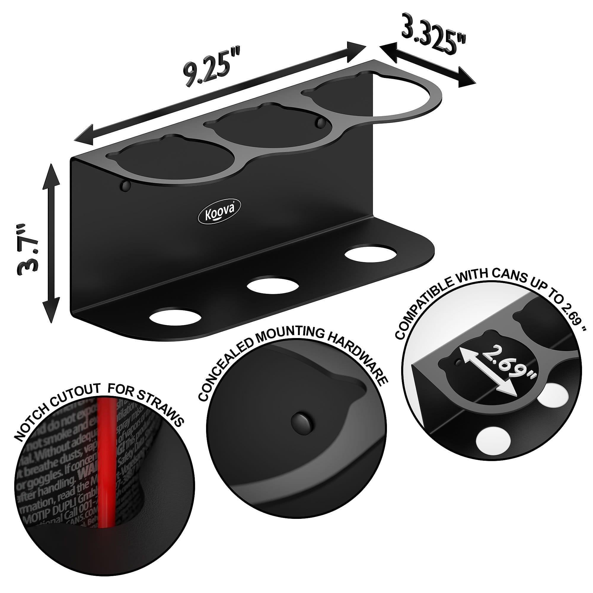 Koova Aerosol Spray Can Holder displaying three sections for organizing spray cans, made of heavy-duty steel with a matte black finish.