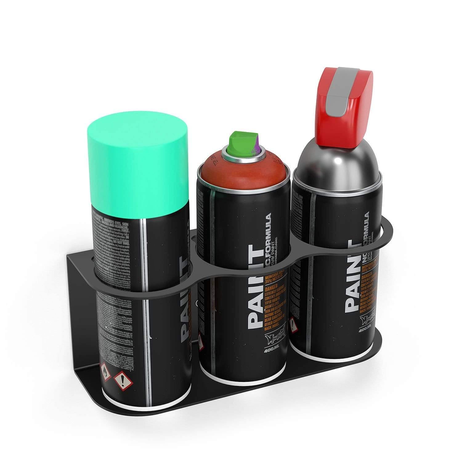 Koova Aerosol Spray Can Holder displaying three sections for organizing spray cans, made of heavy-duty steel with a matte black finish.