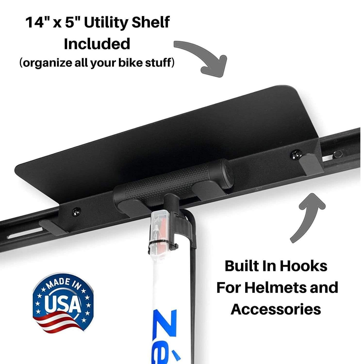 Bike Shelf for Koova Bike Rack System, featuring a sturdy design for organizing bicycle accessories like pumps, locks, and tools.