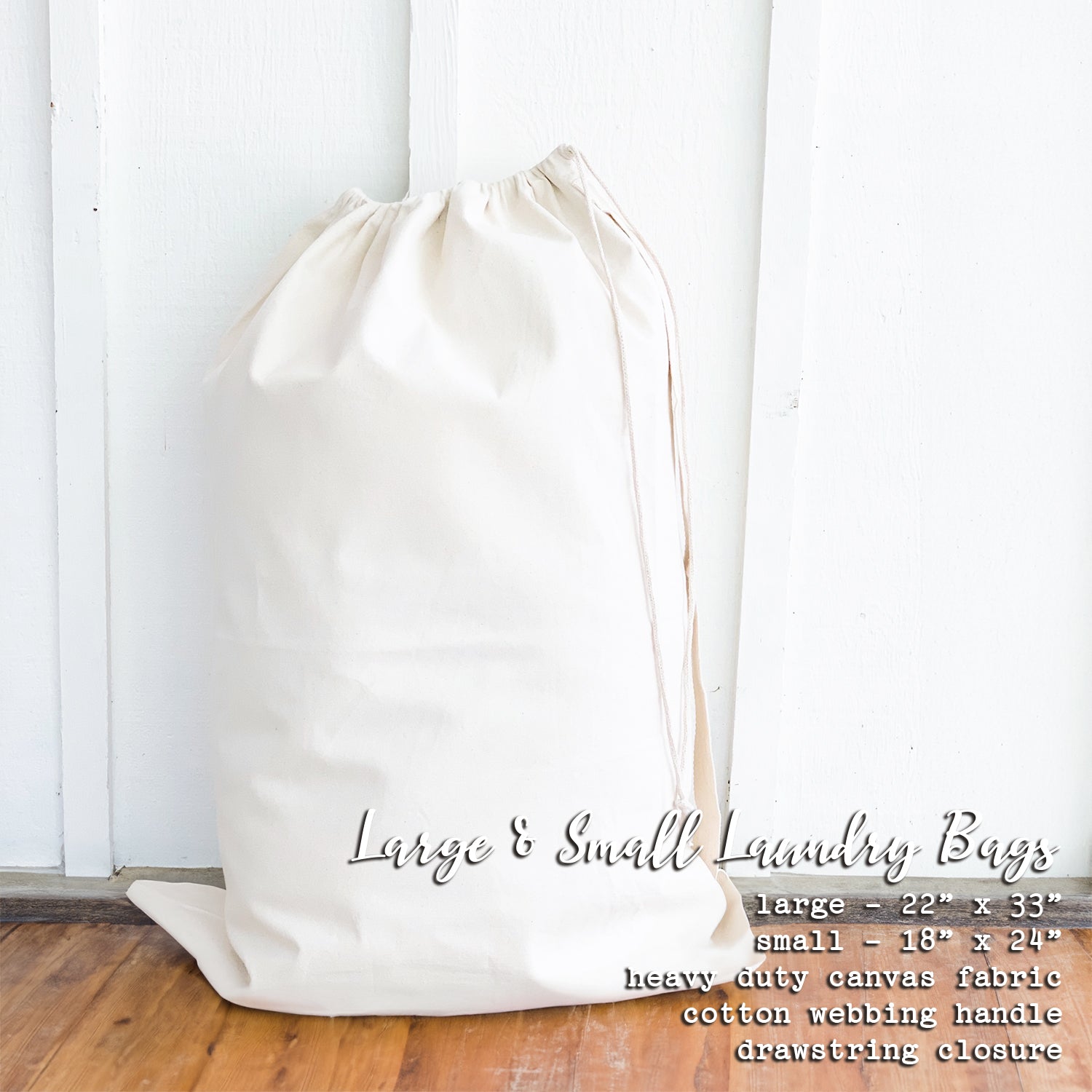 Darks Laundry Bag made of durable canvas with drawstring closure and cotton webbing handle, available in two sizes.