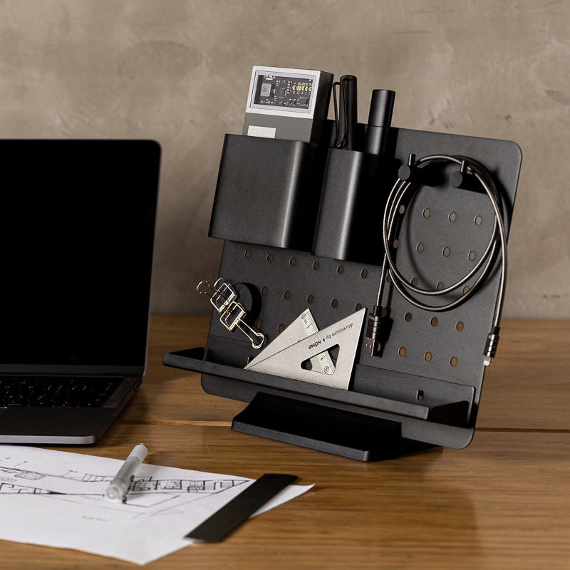 A sleek aluminum alloy desk organizer with multiple storage compartments and hooks, designed for efficient desktop organization.