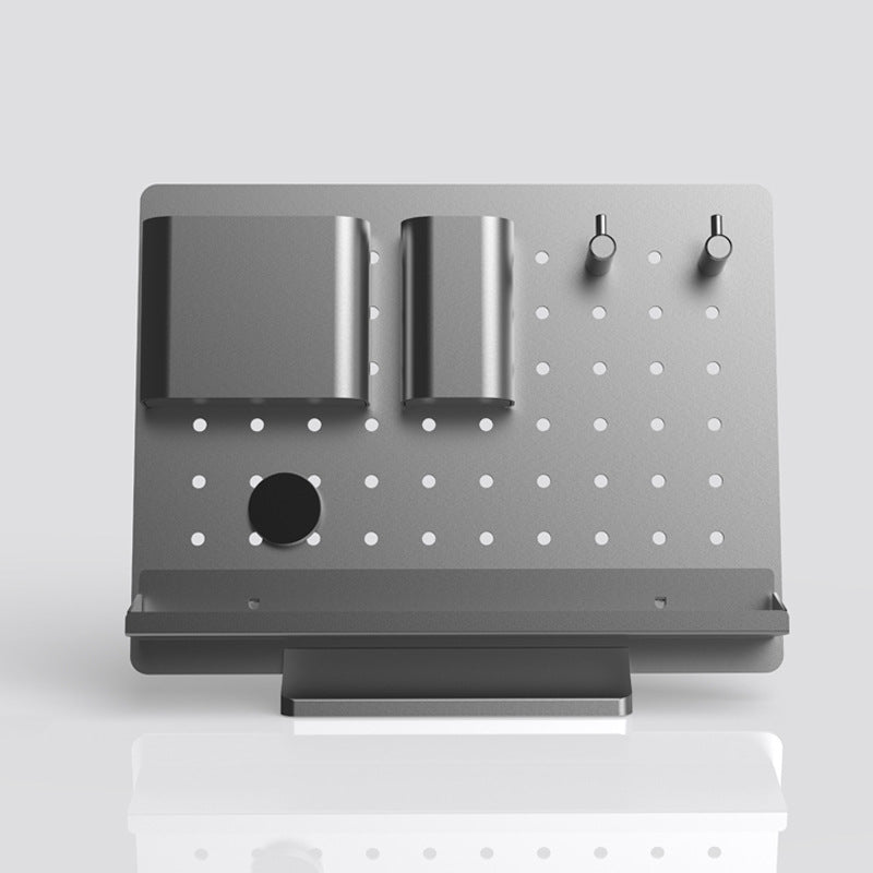 A sleek aluminum alloy desk organizer with multiple storage compartments and hooks, designed for efficient desktop organization.