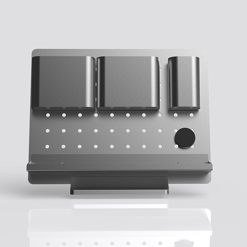 A sleek aluminum alloy desk organizer with multiple storage compartments and hooks, designed for efficient desktop organization.