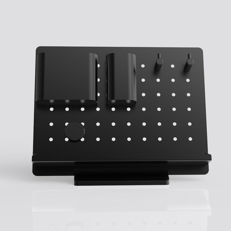 A sleek aluminum alloy desk organizer with multiple storage compartments and hooks, designed for efficient desktop organization.