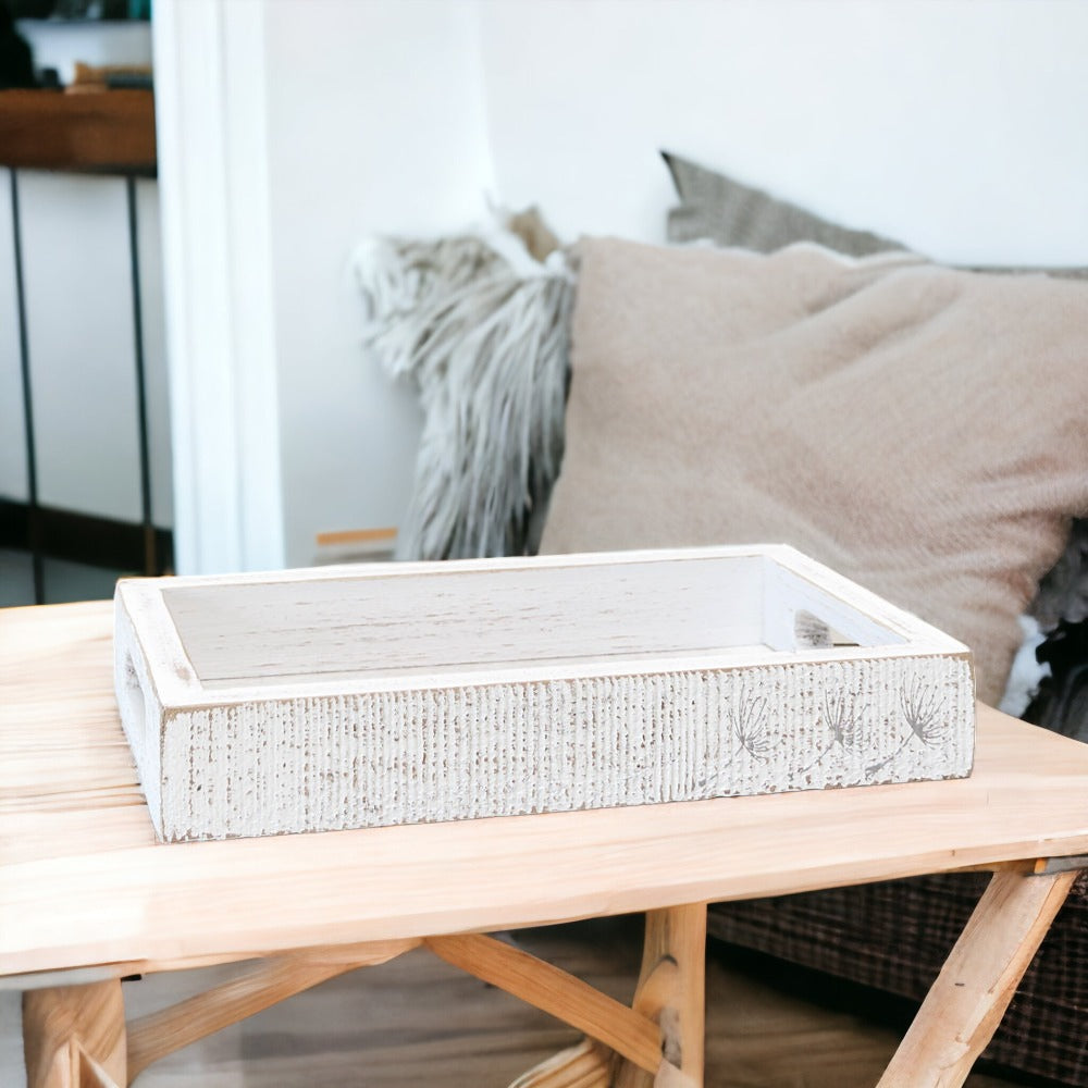 Farmhouse Dandelion wooden tray with distressed white finish and dandelion silhouettes, perfect for home decor.