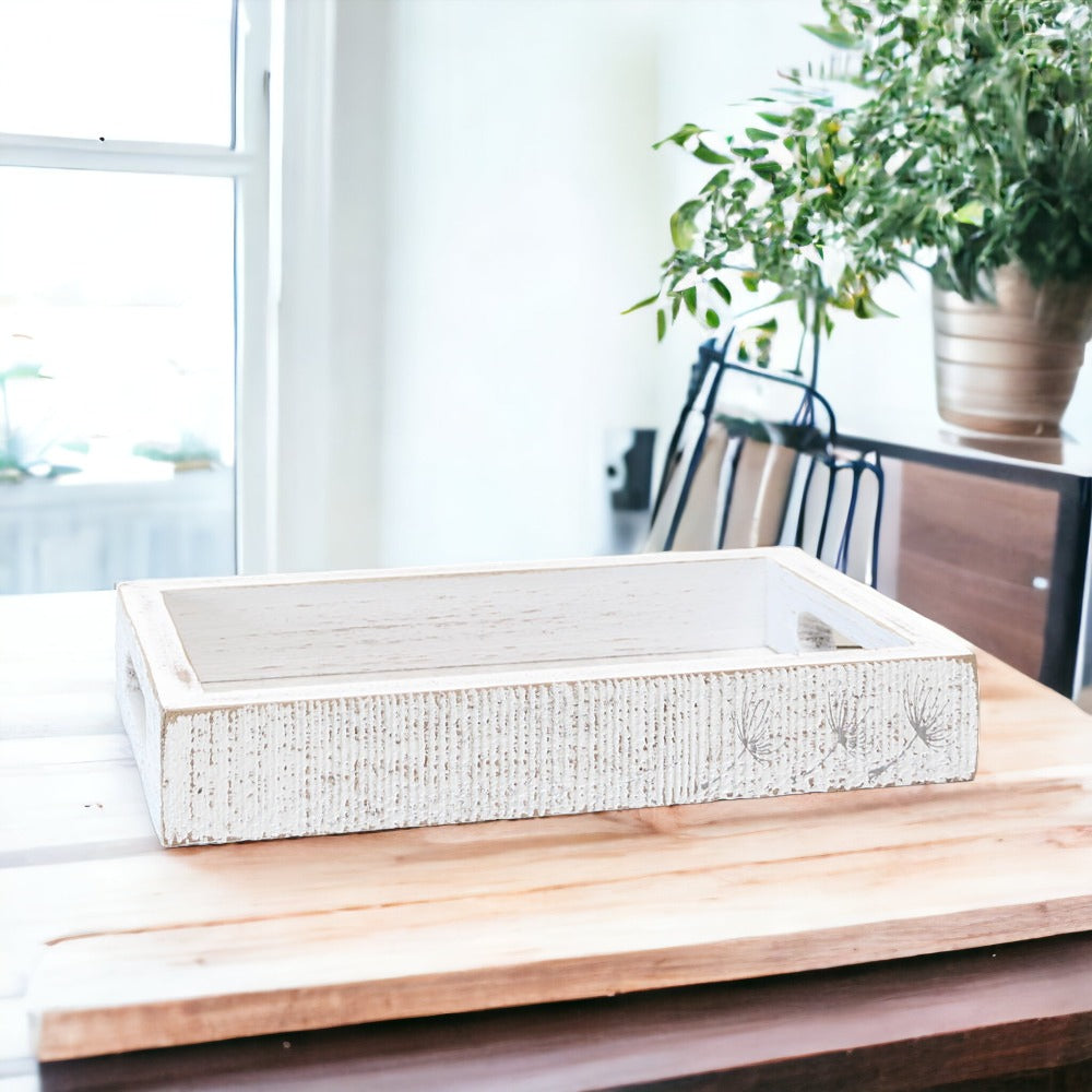 Farmhouse Dandelion wooden tray with distressed white finish and dandelion silhouettes, perfect for home decor.