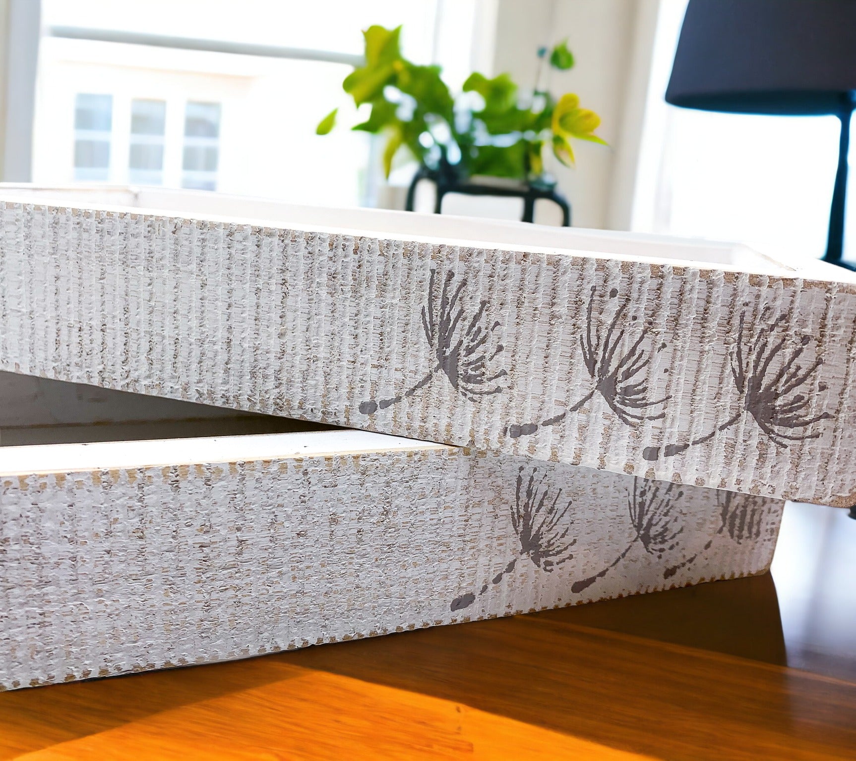 Farmhouse Dandelion wooden tray with distressed white finish and dandelion silhouettes, perfect for home decor.