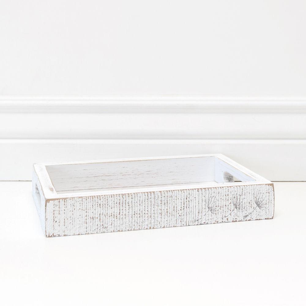 Farmhouse Dandelion wooden tray with distressed white finish and dandelion silhouettes, perfect for home decor.