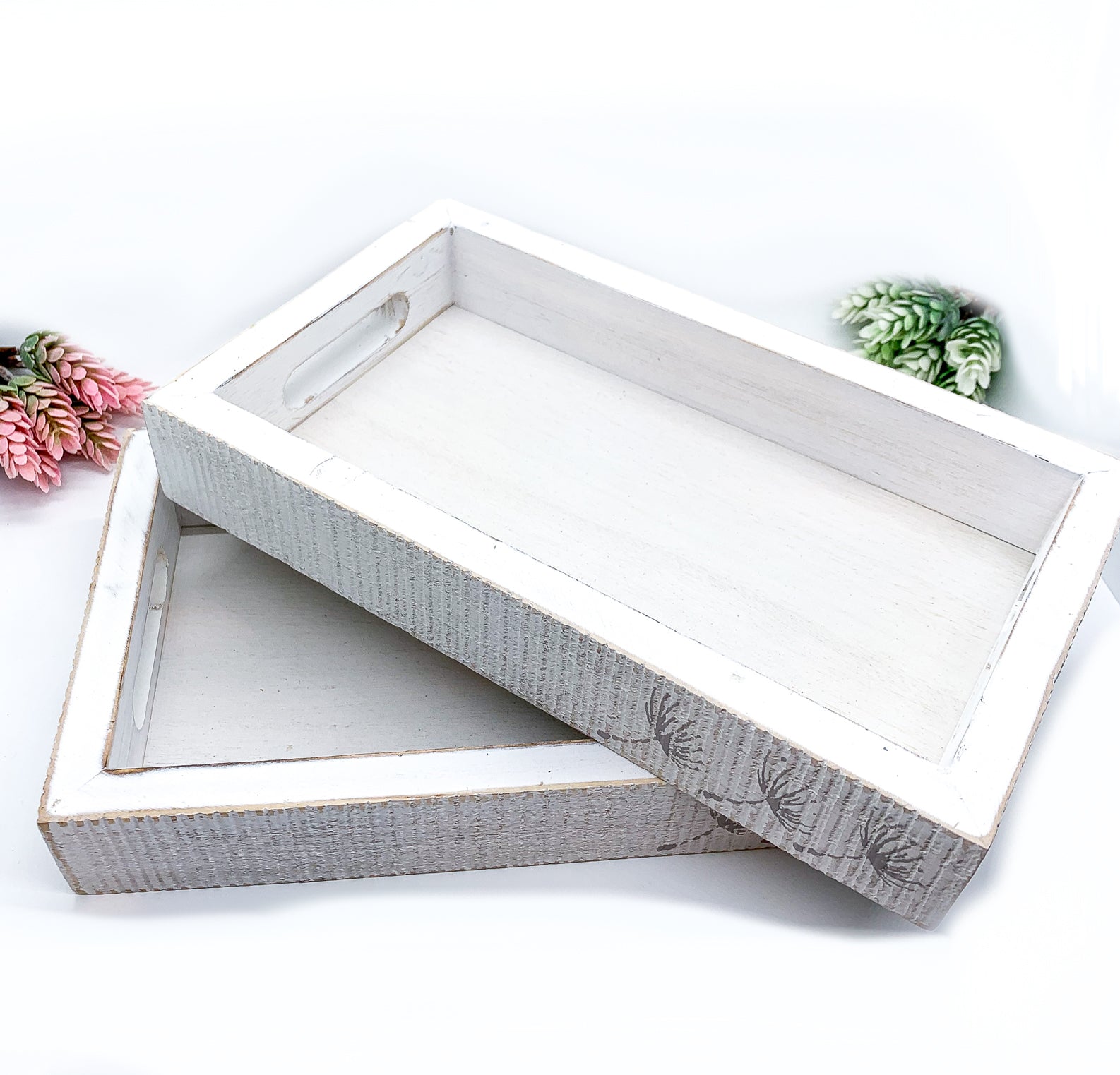 Farmhouse Dandelion wooden tray with distressed white finish and dandelion silhouettes, perfect for home decor.