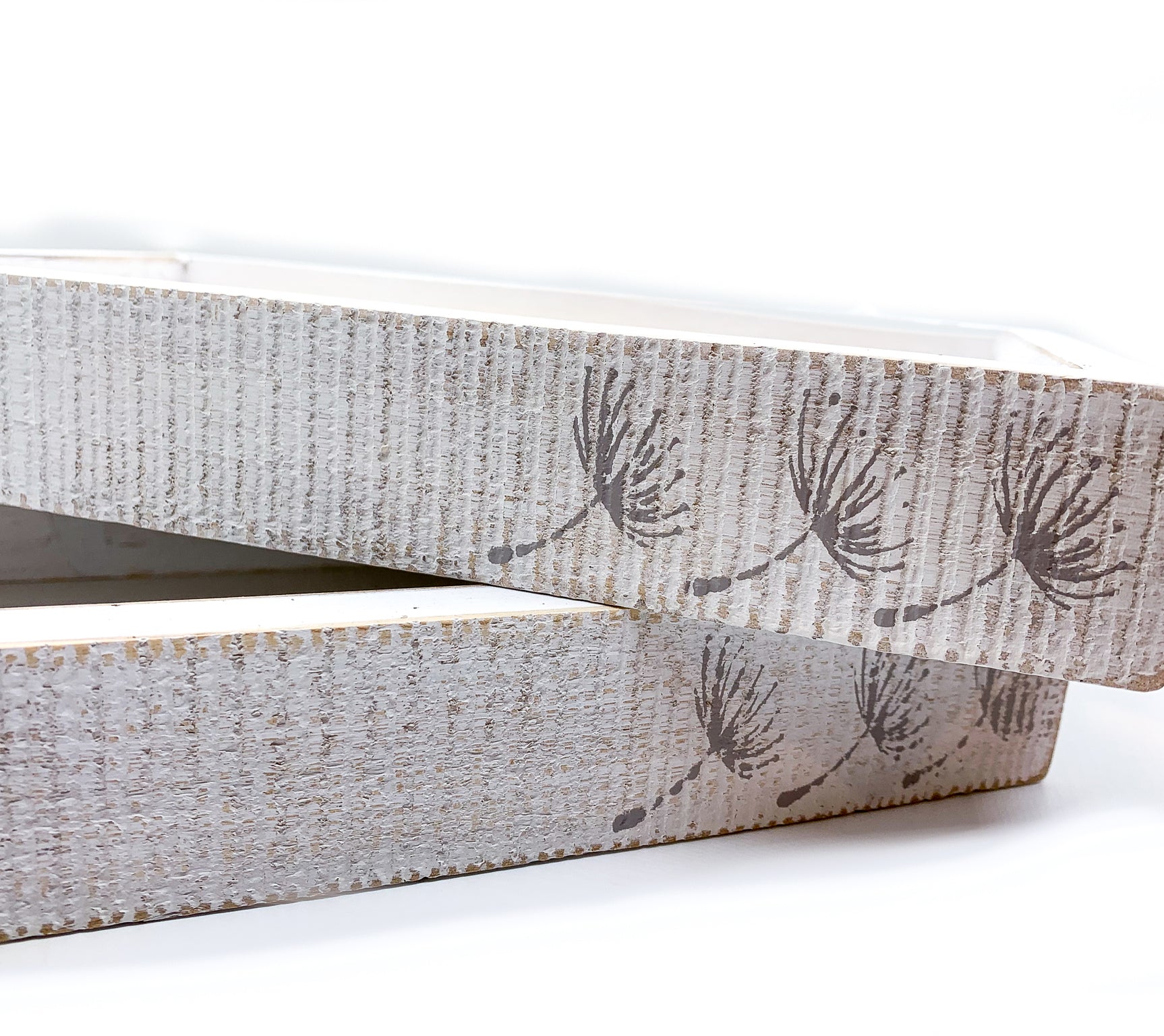 Farmhouse Dandelion wooden tray with distressed white finish and dandelion silhouettes, perfect for home decor.