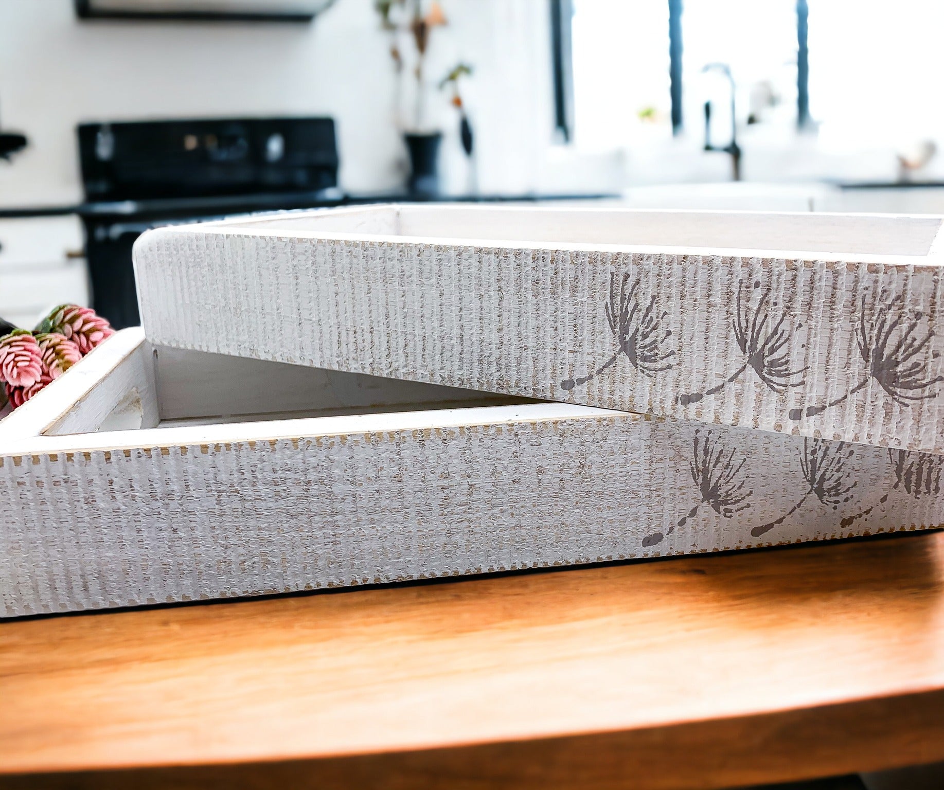 Farmhouse Dandelion wooden tray with distressed white finish and dandelion silhouettes, perfect for home decor.