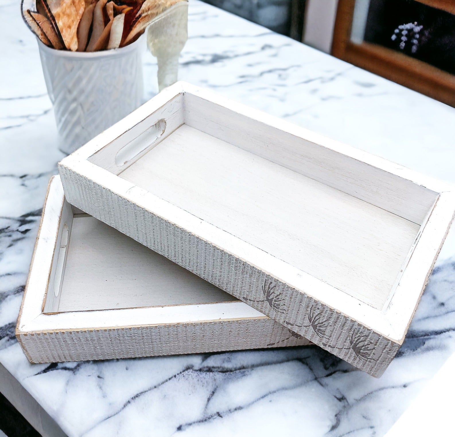 Farmhouse Dandelion wooden tray with distressed white finish and dandelion silhouettes, perfect for home decor.