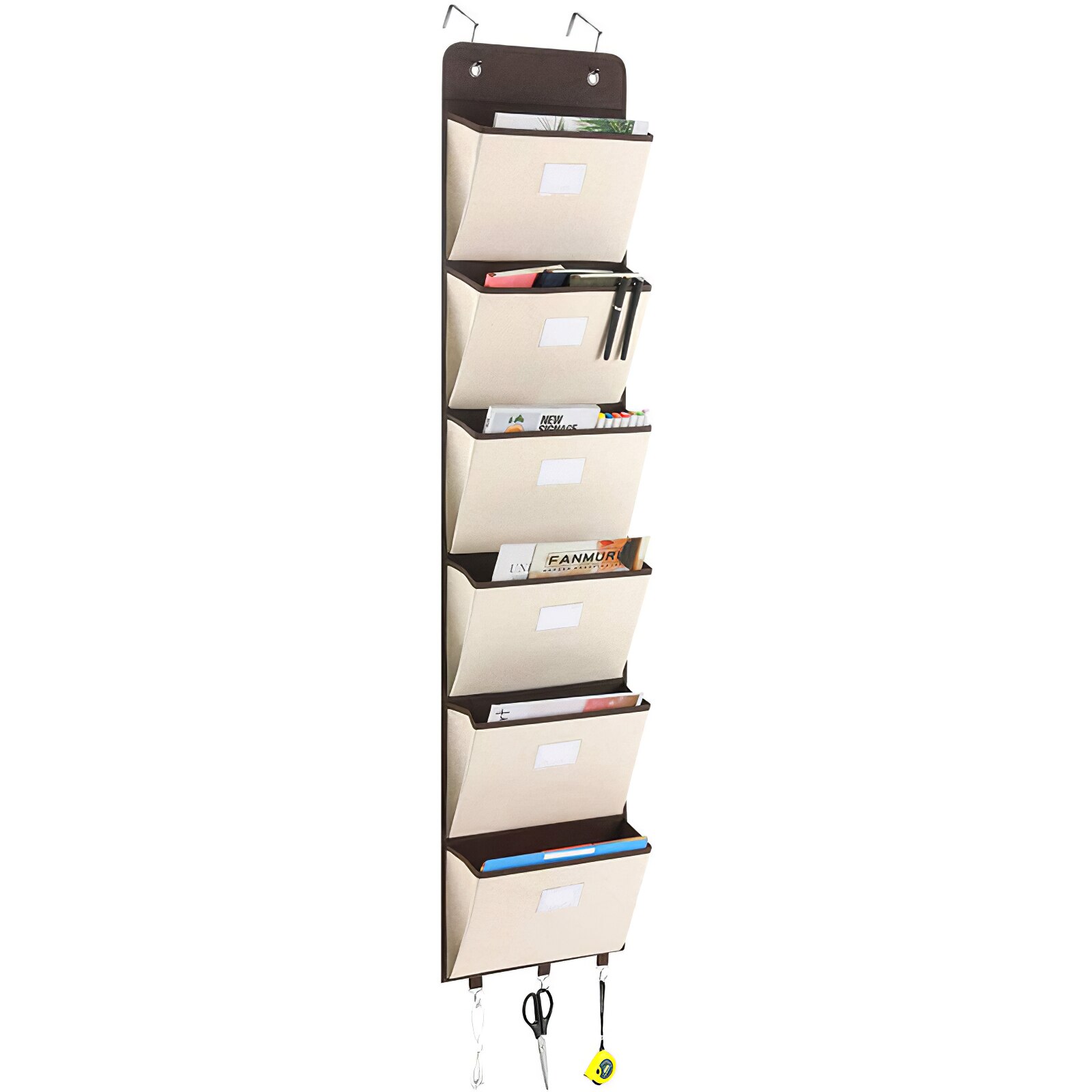 A grey wall-mounted hanging file folder storage pocket, designed to hold magazines and documents, showcasing its durable non-woven material and space-saving design.