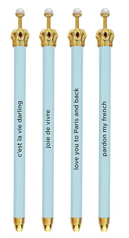 Set of 12 light blue crown pens with uplifting phrases, featuring a stylish crown top design.