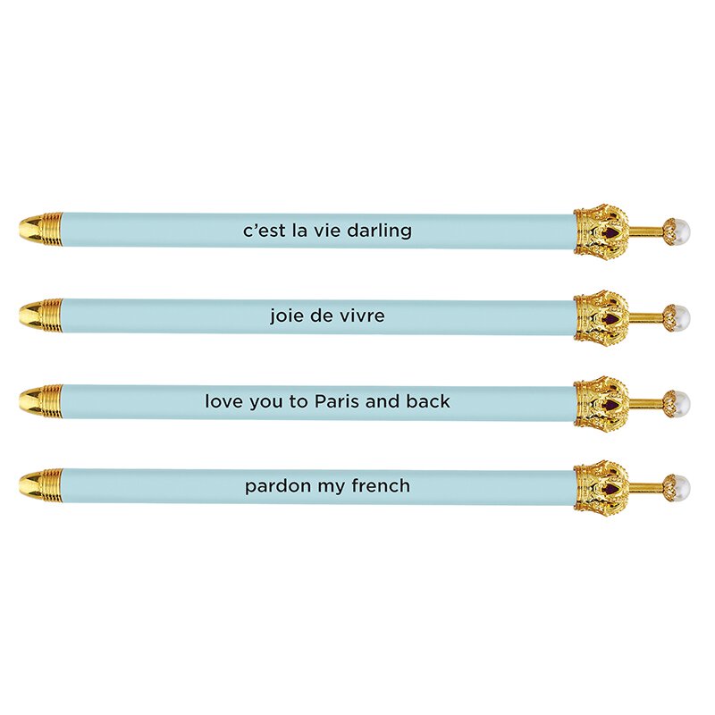 Set of 12 light blue crown pens with uplifting phrases, featuring a stylish crown top design.