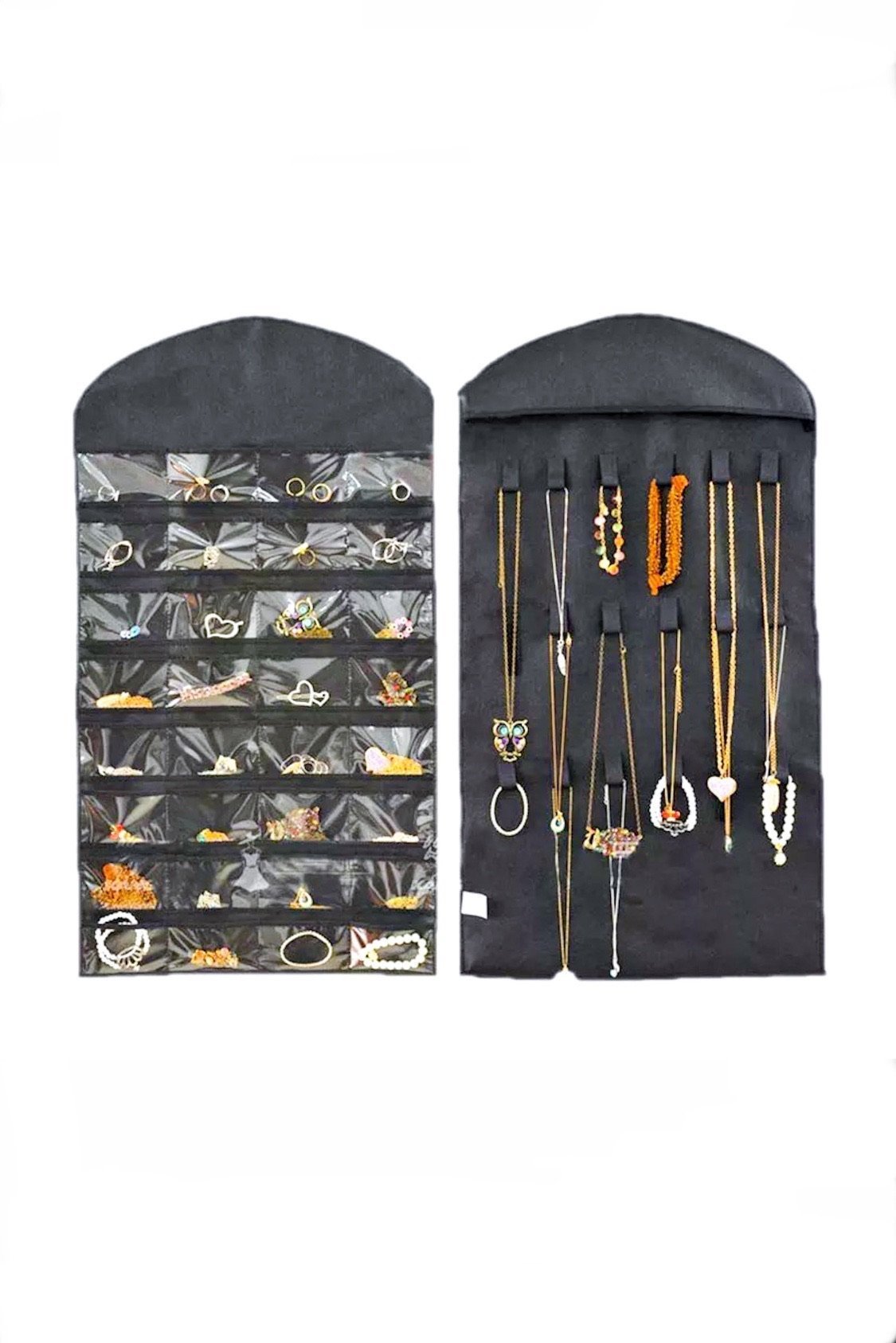 A black 32 pocket hanging closet organizer made of polyester, featuring clear pockets for easy visibility of jewelry and accessories.