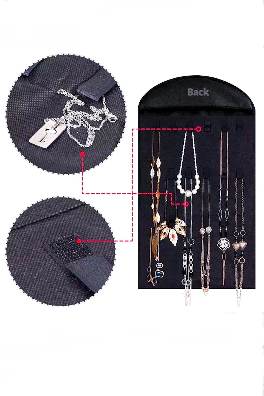 A black 32 pocket hanging closet organizer made of polyester, featuring clear pockets for easy visibility of jewelry and accessories.